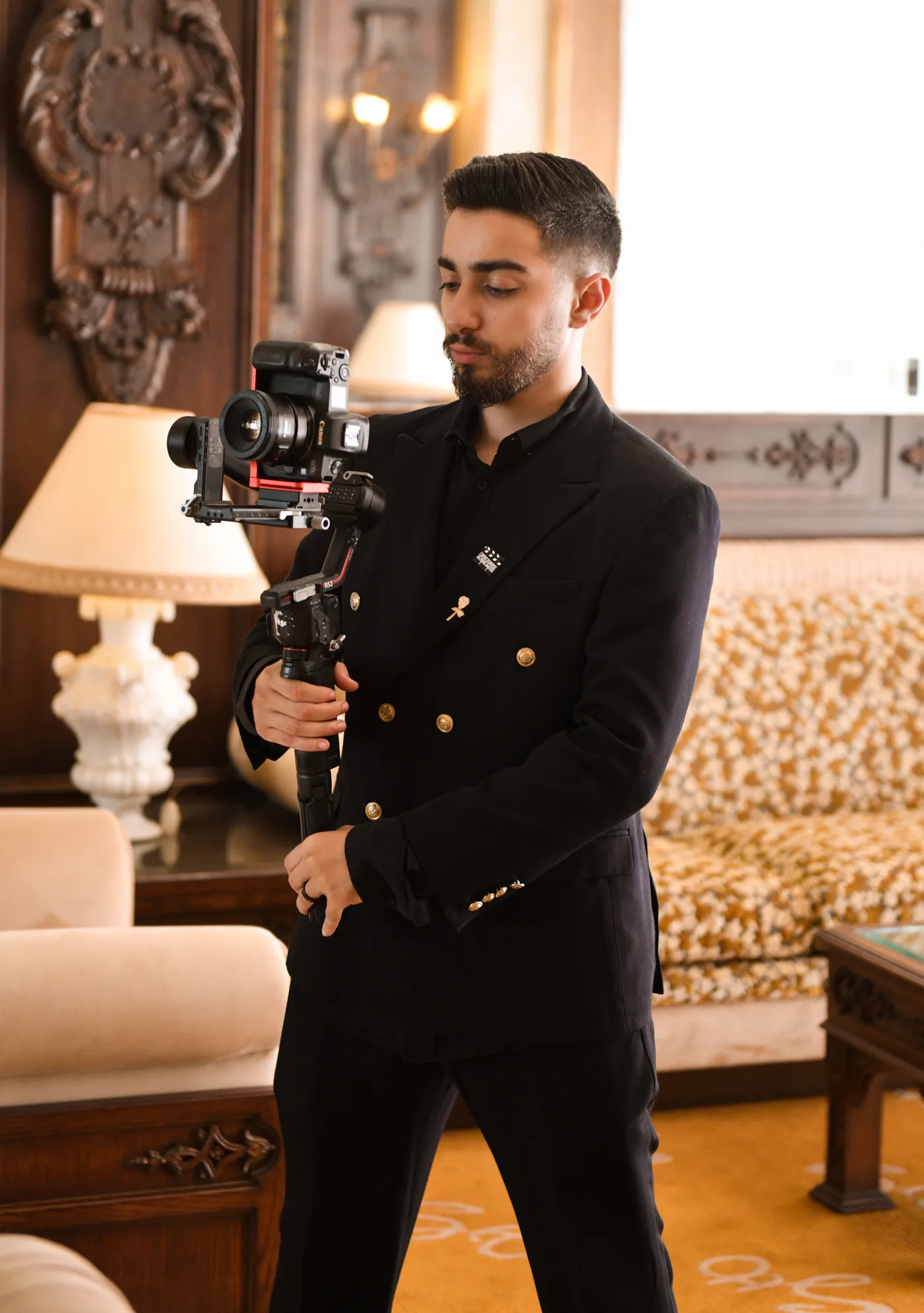 Hady Daaboul operating a camera gimbal rig on location